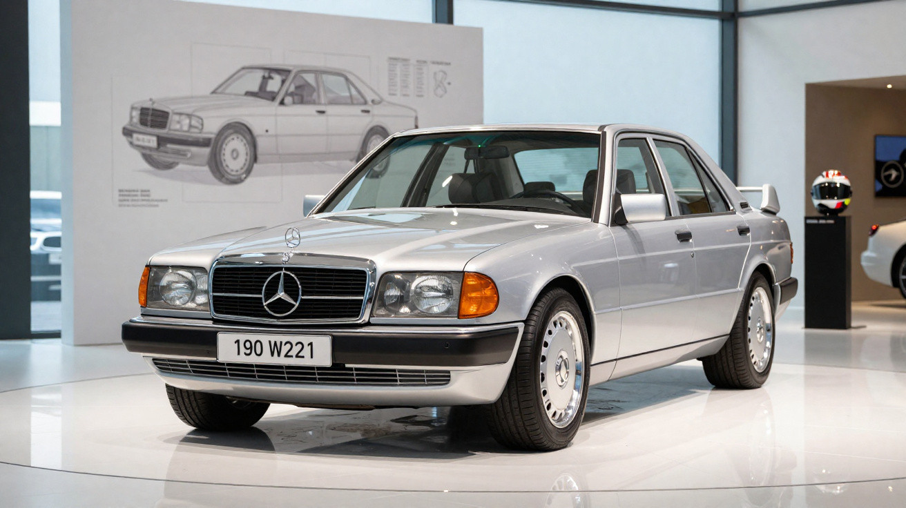 Carro clássico Mercedes-Benz 190 W221 prata exibido em museu, com desenho técnico ao fundo.