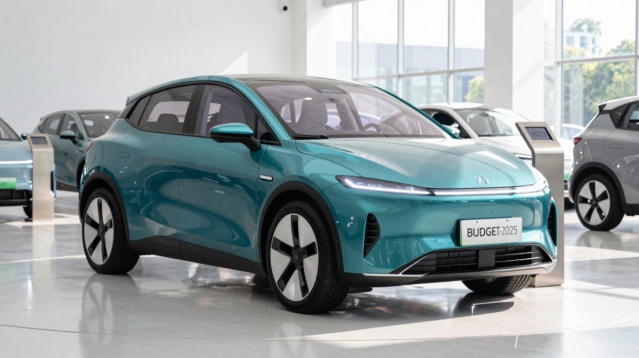 Carro elétrico moderno verde azulado em exposição interna, com design aerodinâmico e rodas estilizadas.