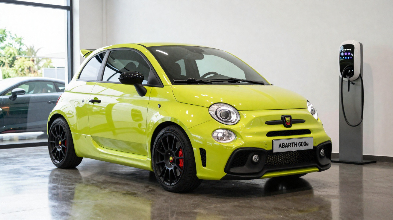 Carro esportivo elétrico amarelo modelo Abarth 600e estacionado ao lado de um carregador em ambiente interno.