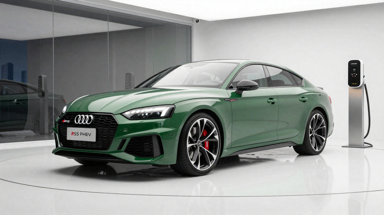 Carro esportivo Audi RS5 PHEV verde estacionado em ambiente branco com estação de recarga elétrica à direita.