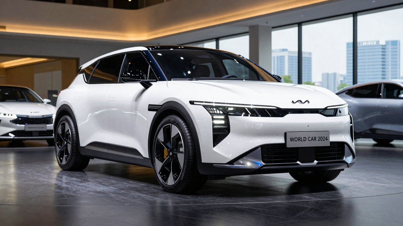 Carro elétrico branco em exposição com design moderno e placas indicando "World Car 2024".