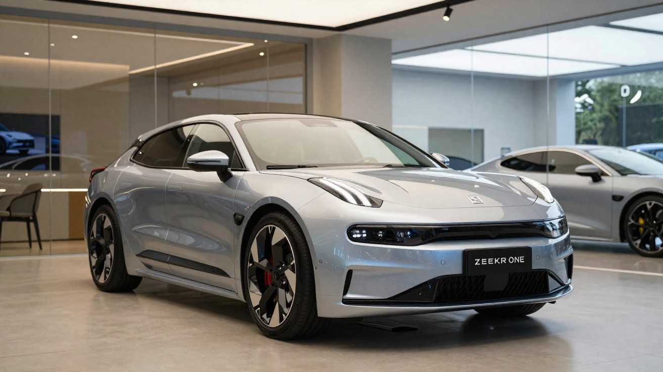 Carro elétrico prata Zeekr One em showroom moderno com piso claro e paredes de vidro.