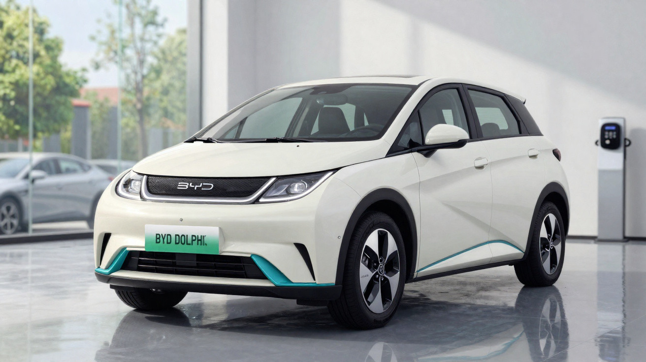 Carro elétrico branco BYD Dolphin estacionado em ambiente interno com carregador ao fundo.