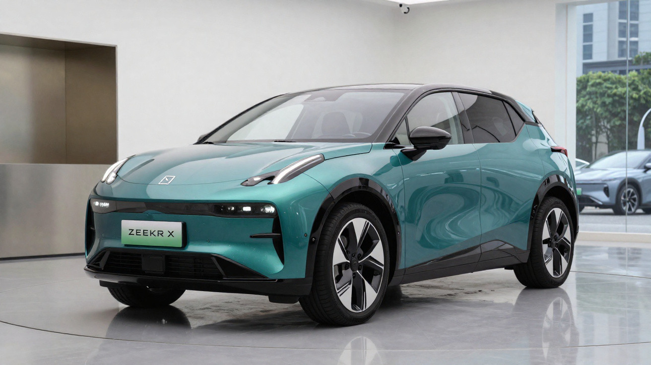 Carro elétrico verde Zeekr X estacionado em ambiente interno com paredes brancas e piso brilhante.