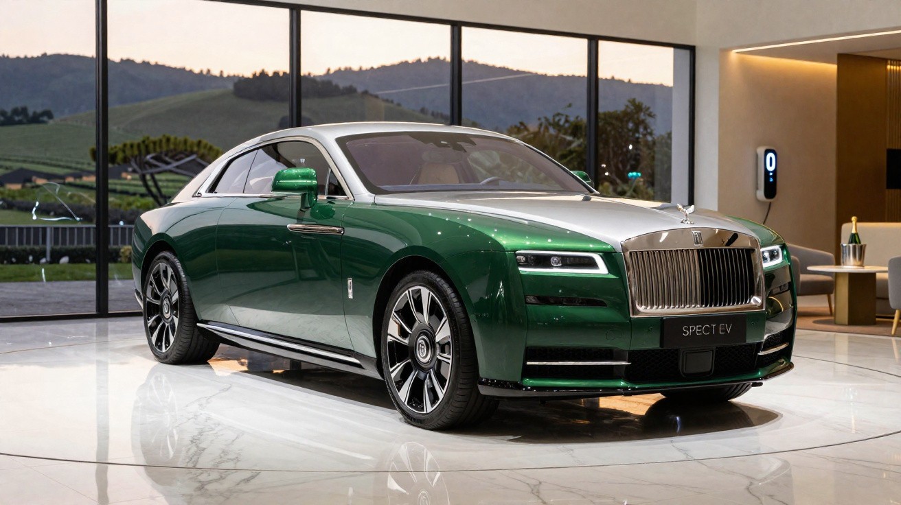Carro verde e prata Rolls-Royce Spectre EV exibido em showroom com parede de vidro ao fundo.