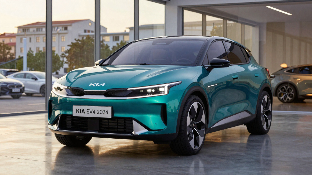 Carro elétrico Kia EV4 2024 verde em exposição dentro de showroom moderno com piso de concreto.
