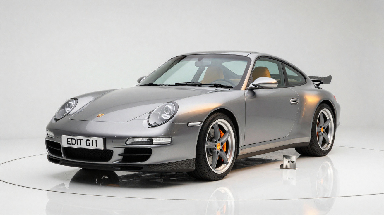 Porsche 911 cinza estacionado em estúdio, visto de frente e lateral direita com interior marrom.