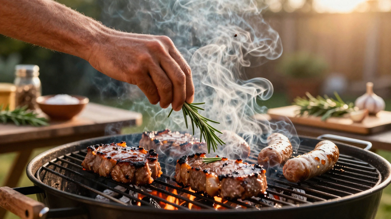 Churrasco ao ar livre com carne e linguiça grelhando enquanto mão adiciona alecrim, fumaça sobe da brasa.