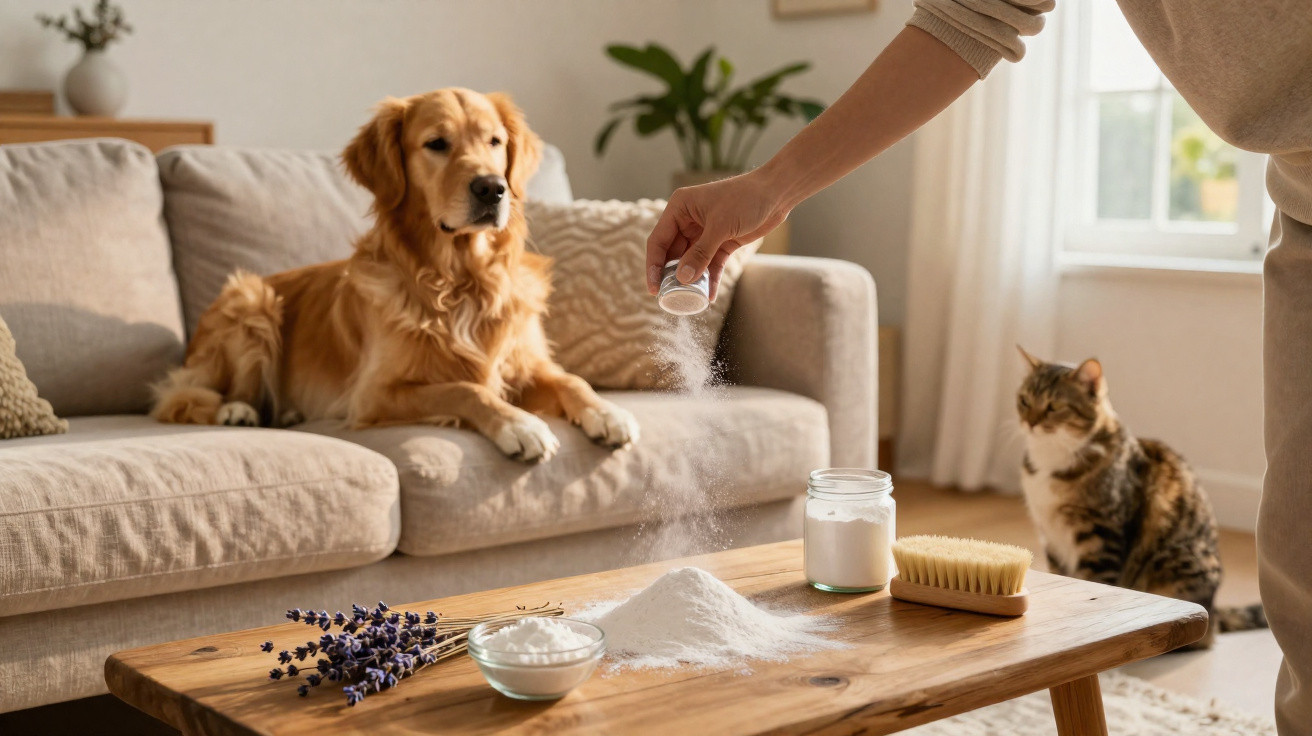 Pessoa polvilhando bicarbonato em mesa com golden retriever no sofá e gato sentado no chão ao fundo