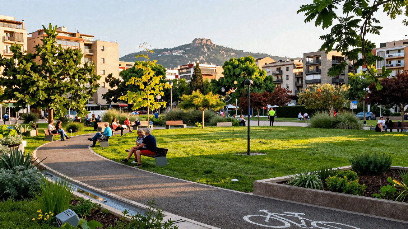 Parque urbano com ciclovia, bancos, pessoas sentadas e prédios ao fundo sob céu claro.