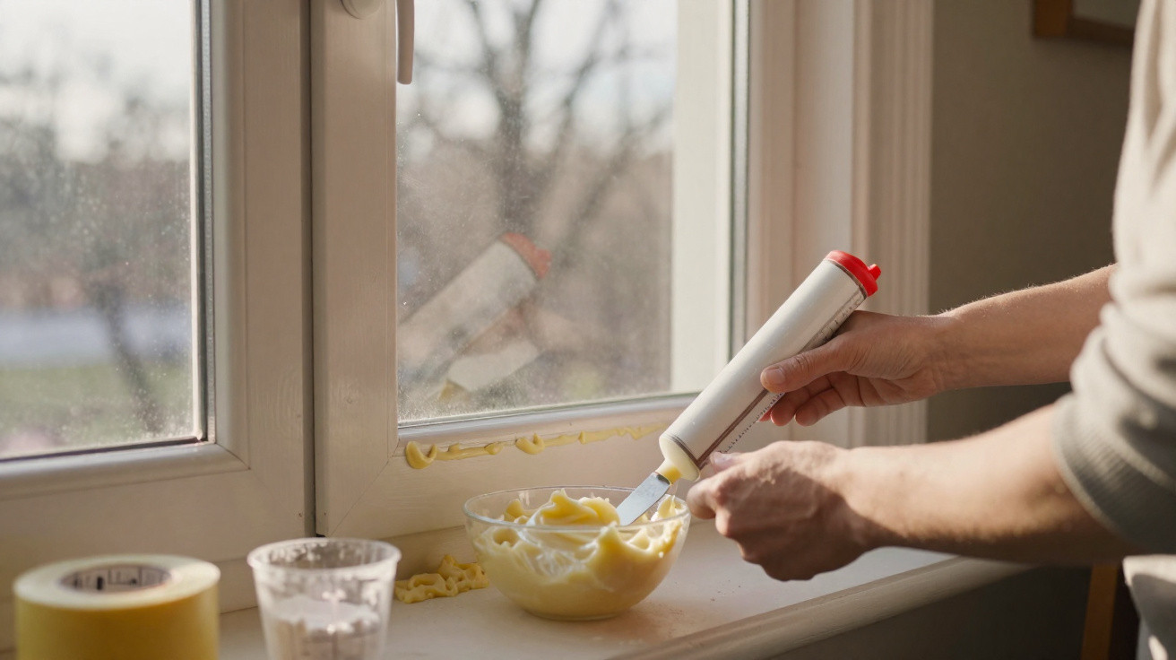 Mãos aplicando massa de silicone amarelo em janela para vedação próxima a fita adesiva.