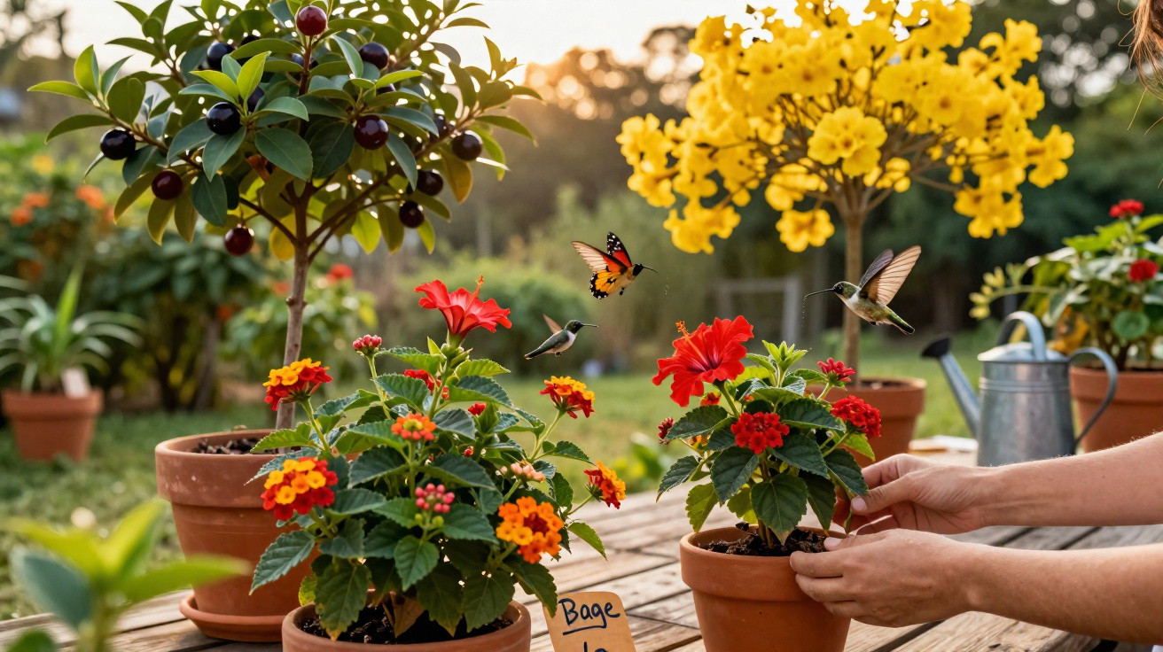 Mãos cuidando de plantas floridas coloridas em vasos com beija-flores e uma borboleta ao redor.