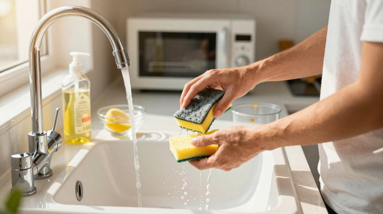 Pessoa ensaboando esponja de cozinha na pia com torneira aberta e detergente ao fundo.