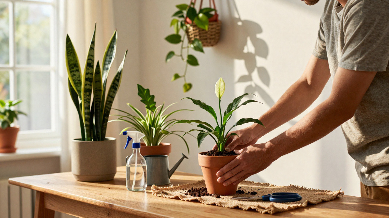 Pessoa cuidando de plantas em vaso sobre mesa de madeira em ambiente iluminado com janelas.
