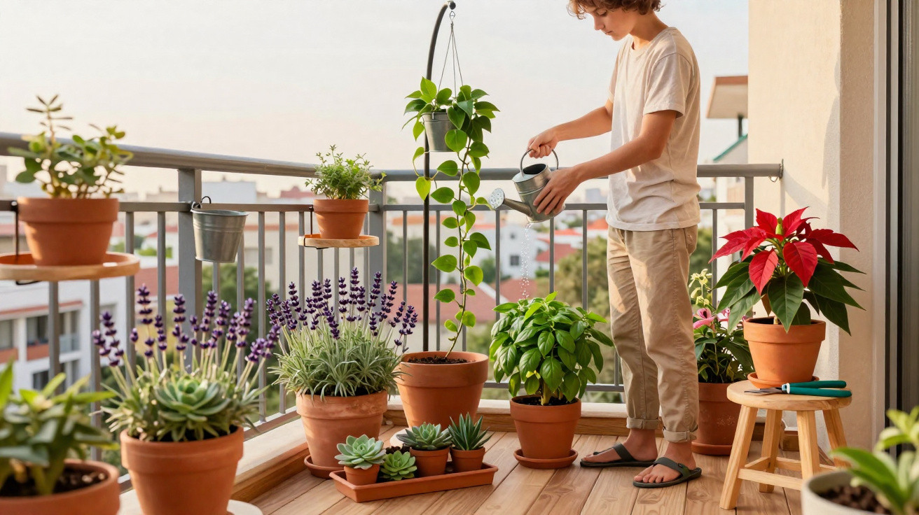Menino regando plantas em vasos variados em varanda ensolarada com vista urbana ao fundo.
