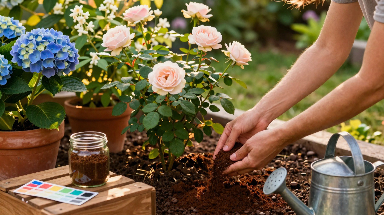 Pessoa cuidando do solo ao redor de roseira com flores rosas em jardim com outras plantas em vasos.