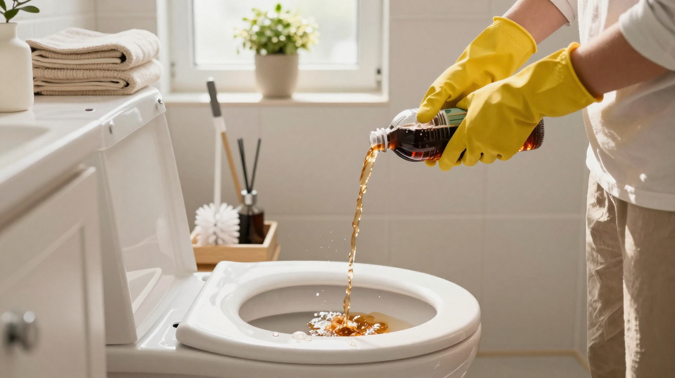 Pessoa com luvas amarelas despejando produto de limpeza no vaso sanitário em banheiro iluminado.