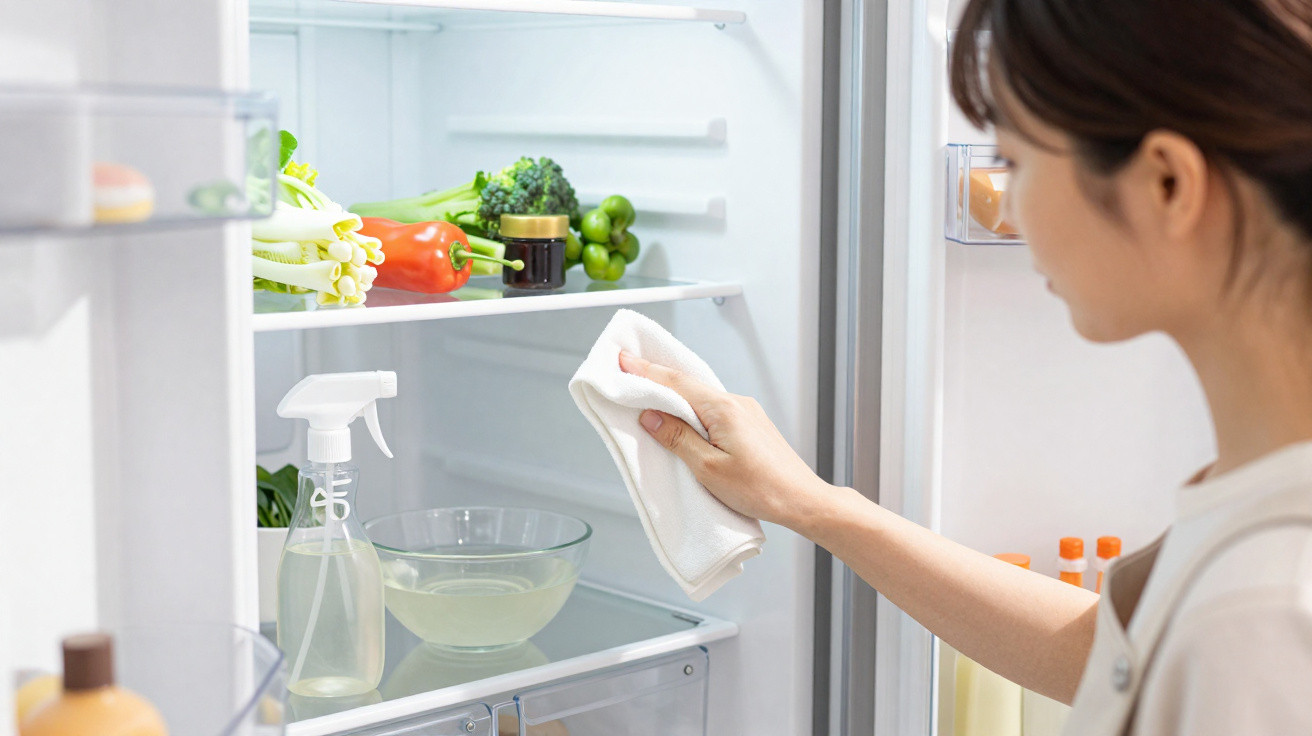 Pessoa limpando a parte interna da geladeira com pano branco, com legumes e utensílios organizados nas prateleiras.