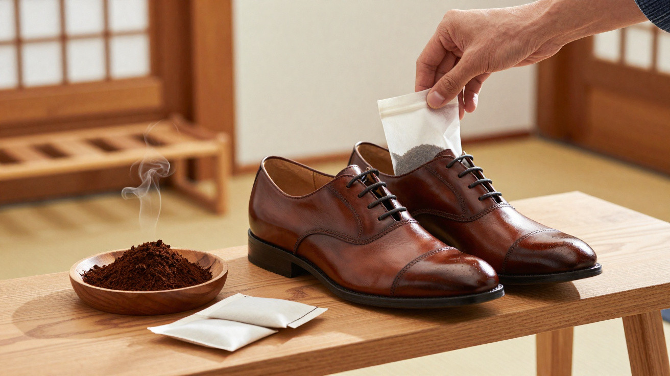 Mão colocando sachê de sachê de café moído dentro de sapato masculino de couro marrom.