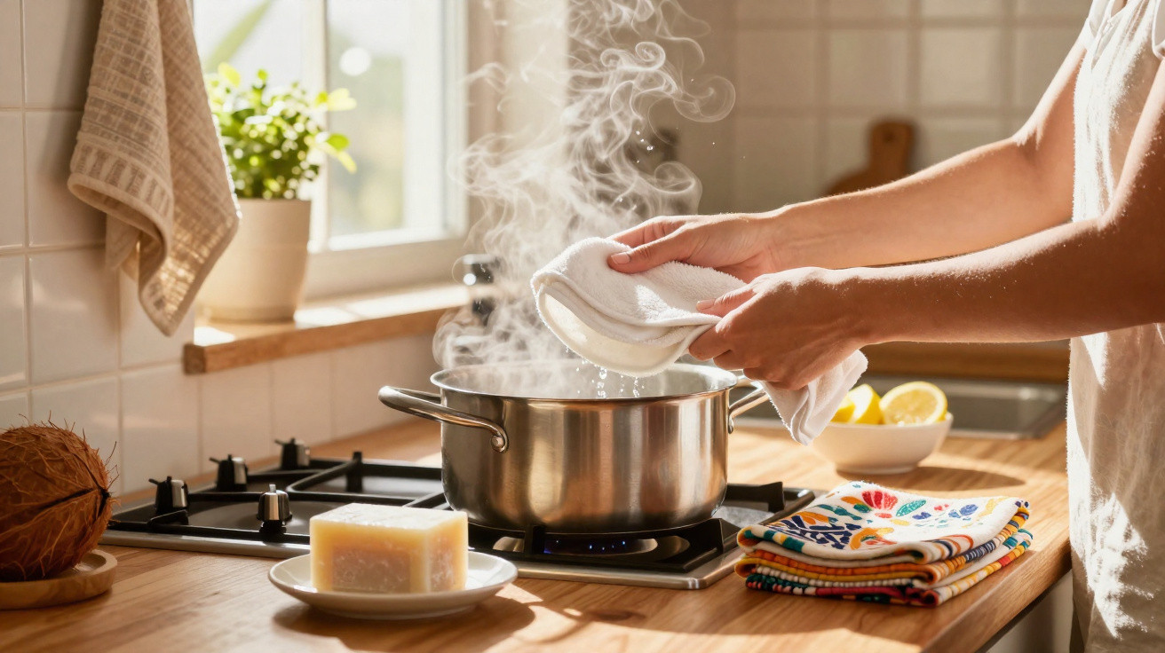 Pessoa mexendo panela com vapor na cozinha iluminada, com esponja, sabão e frutas à vista.