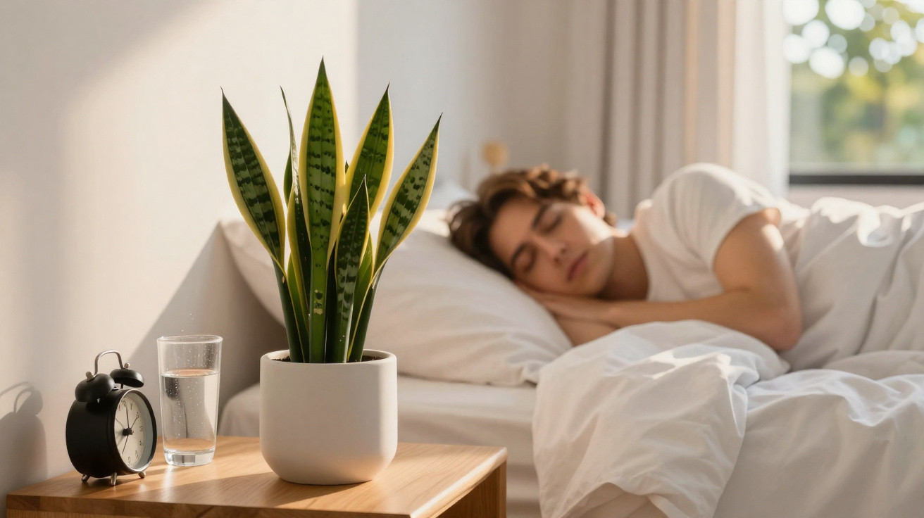 Homem dormindo na cama ao lado de mesa com planta, copo de água e relógio despertador preto.