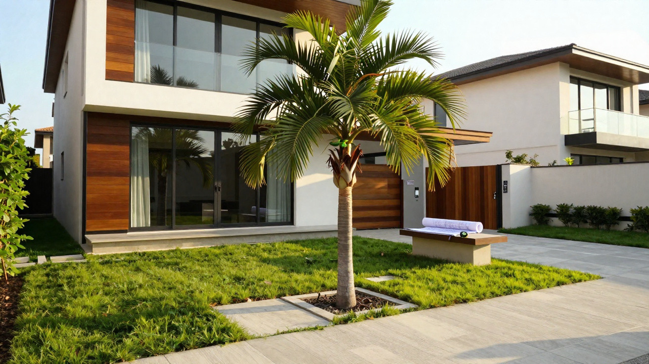 Casa moderna de dois andares com fachada em madeira e vidro e jardim com palmeira na frente.