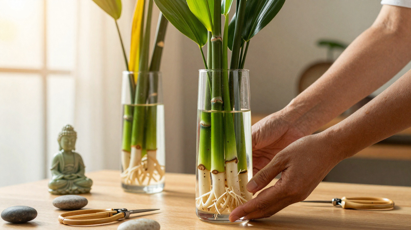 Vaso com plantas de bambu da sorte em água, mãos organizando o vaso sobre mesa de madeira.