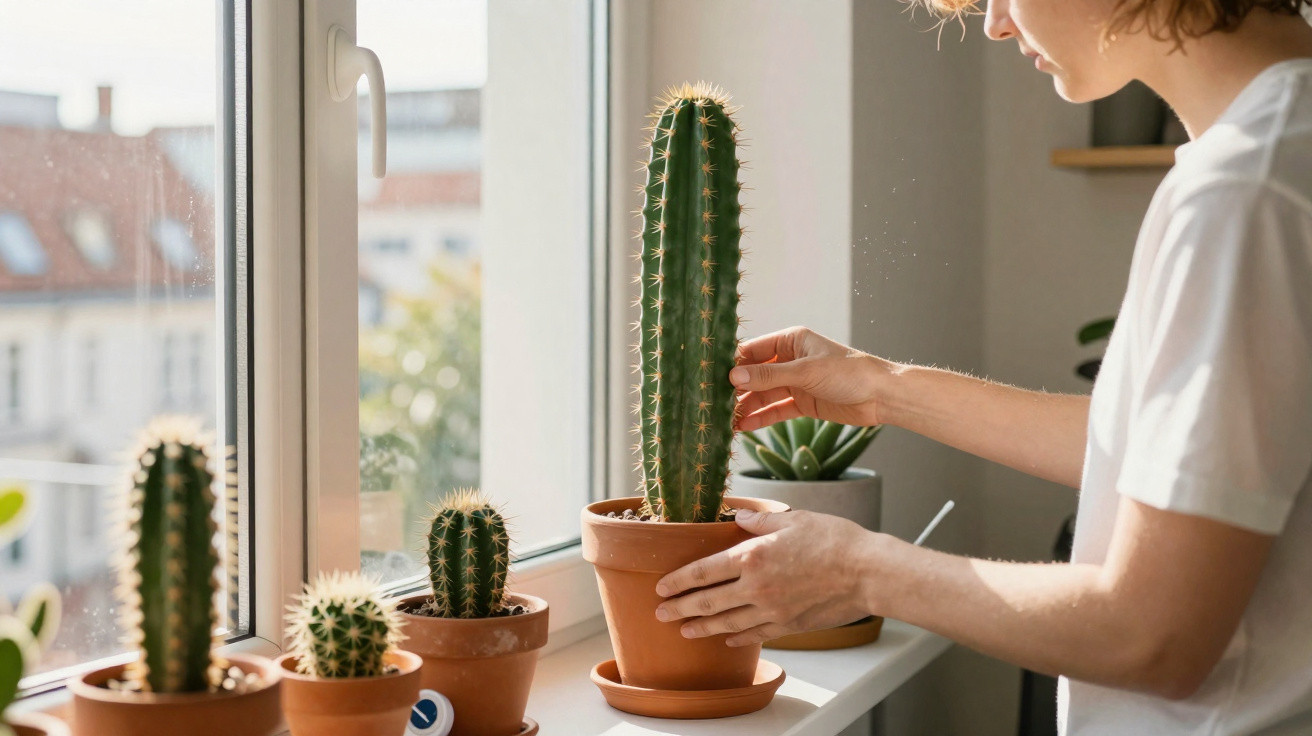 Pessoa ajusta vaso com cacto alto em janela com outros cactos pequenos em vasos de cerâmica marrom.