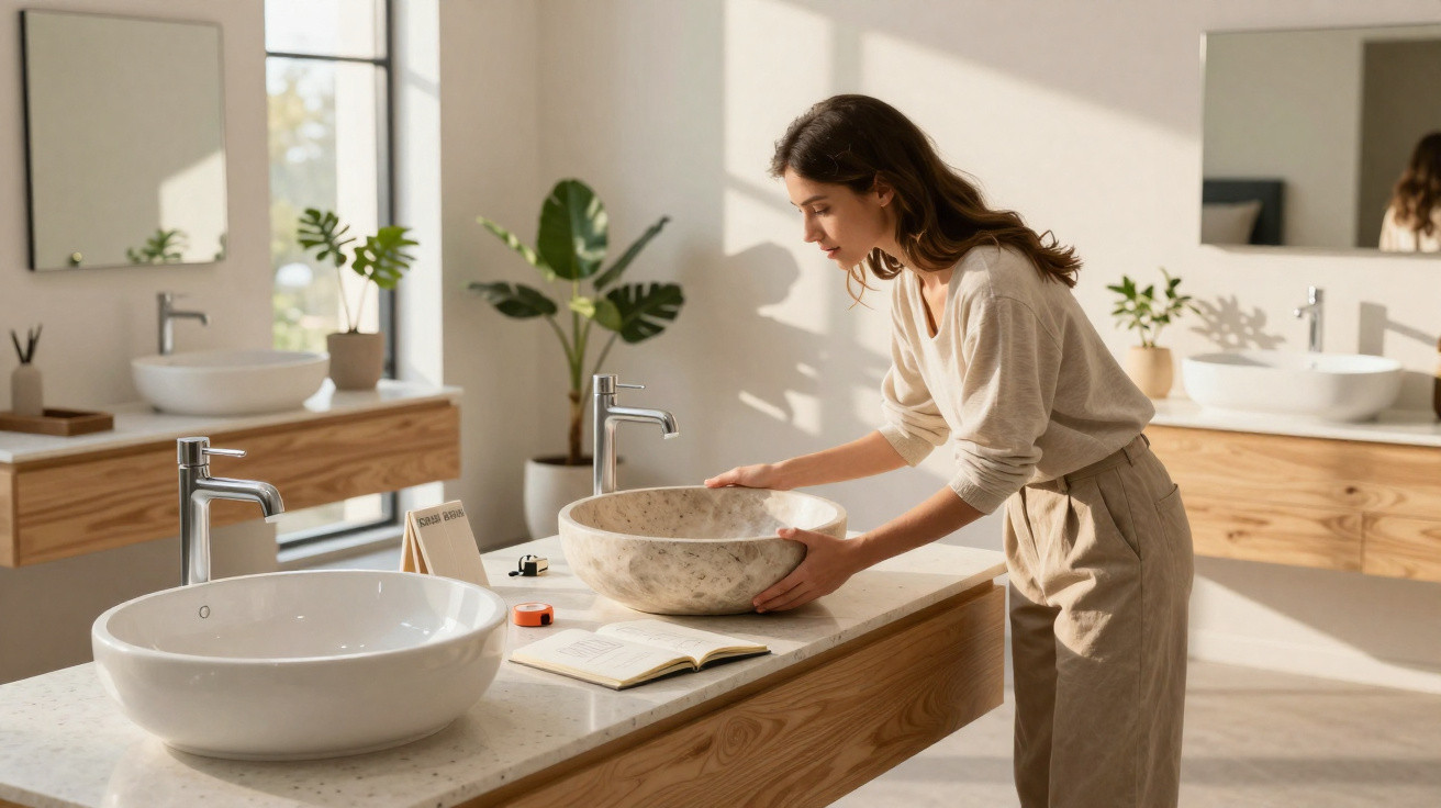 Mulher ajustando pia de pedra em banheiro moderno com luz natural e plantas decorativas.