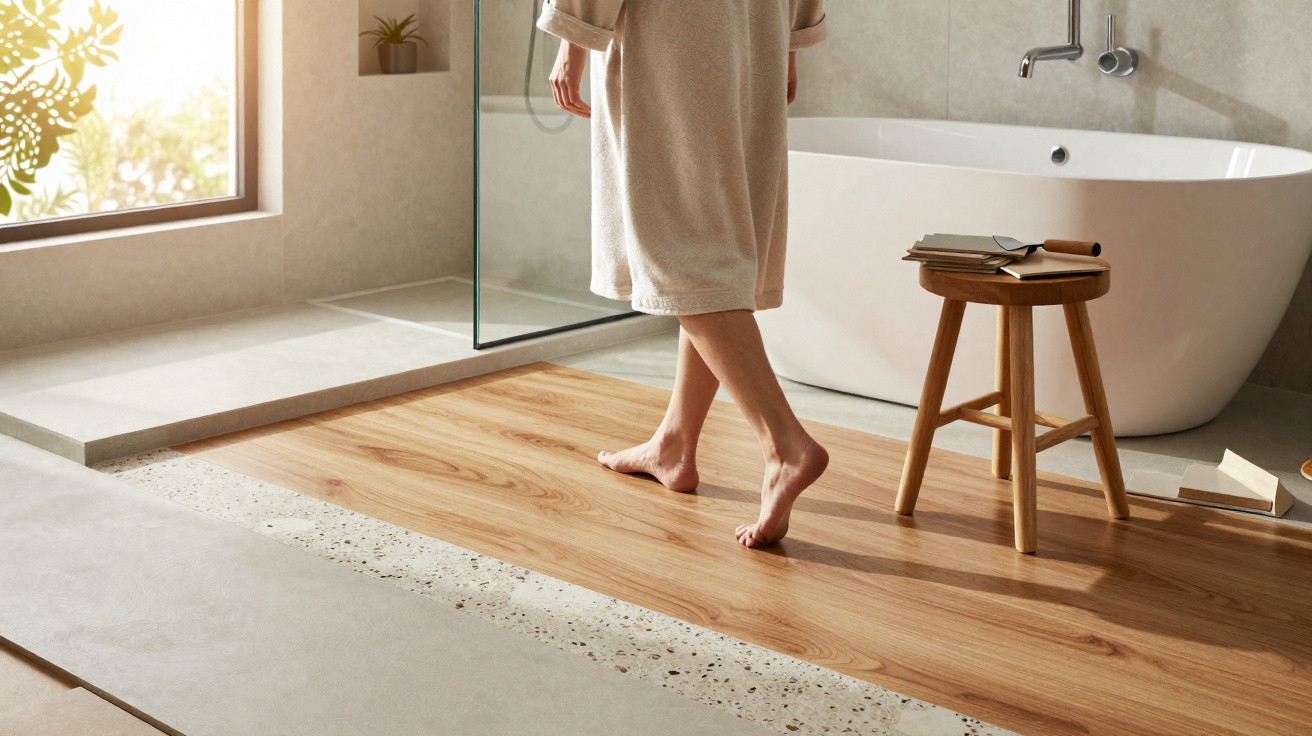 Pessoa de robe caminhando em banheiro moderno com banheira, banco de madeira e piso misto de cerâmica e madeira.