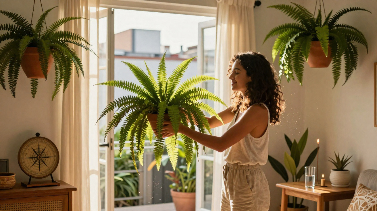 Mulher cuidando de samambaias em sala iluminada pela luz natural da janela aberta.