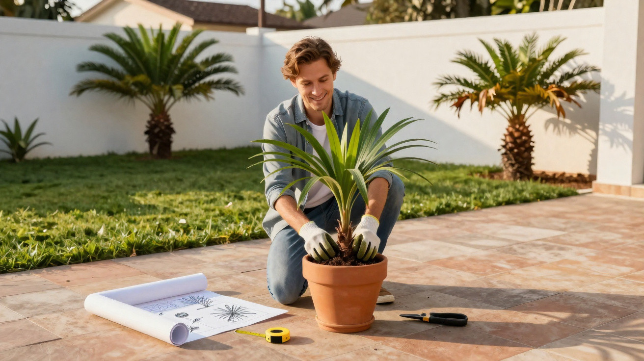 Homem sorridente plantando muda de planta em vaso no jardim com ferramentas e projeto próximo.