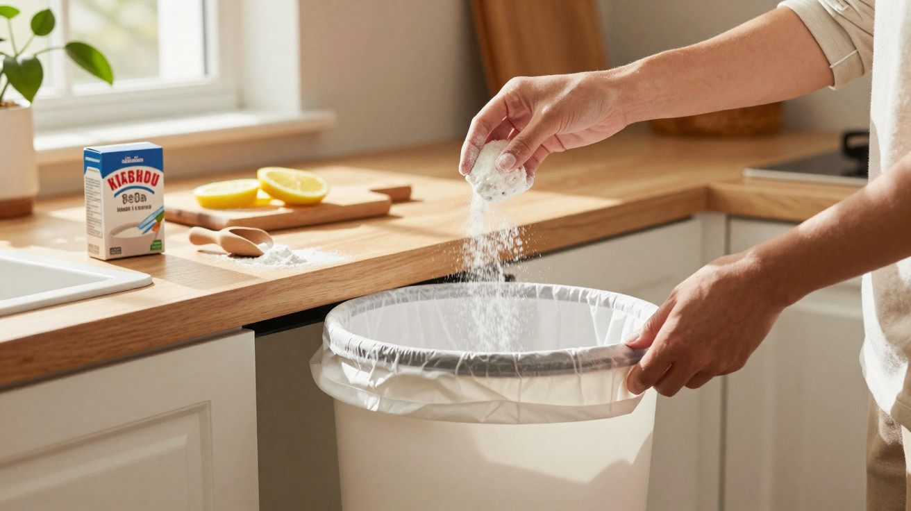 Pessoa jogando bicarbonato de sódio no lixo para neutralizar odores na cozinha clara e organizada.