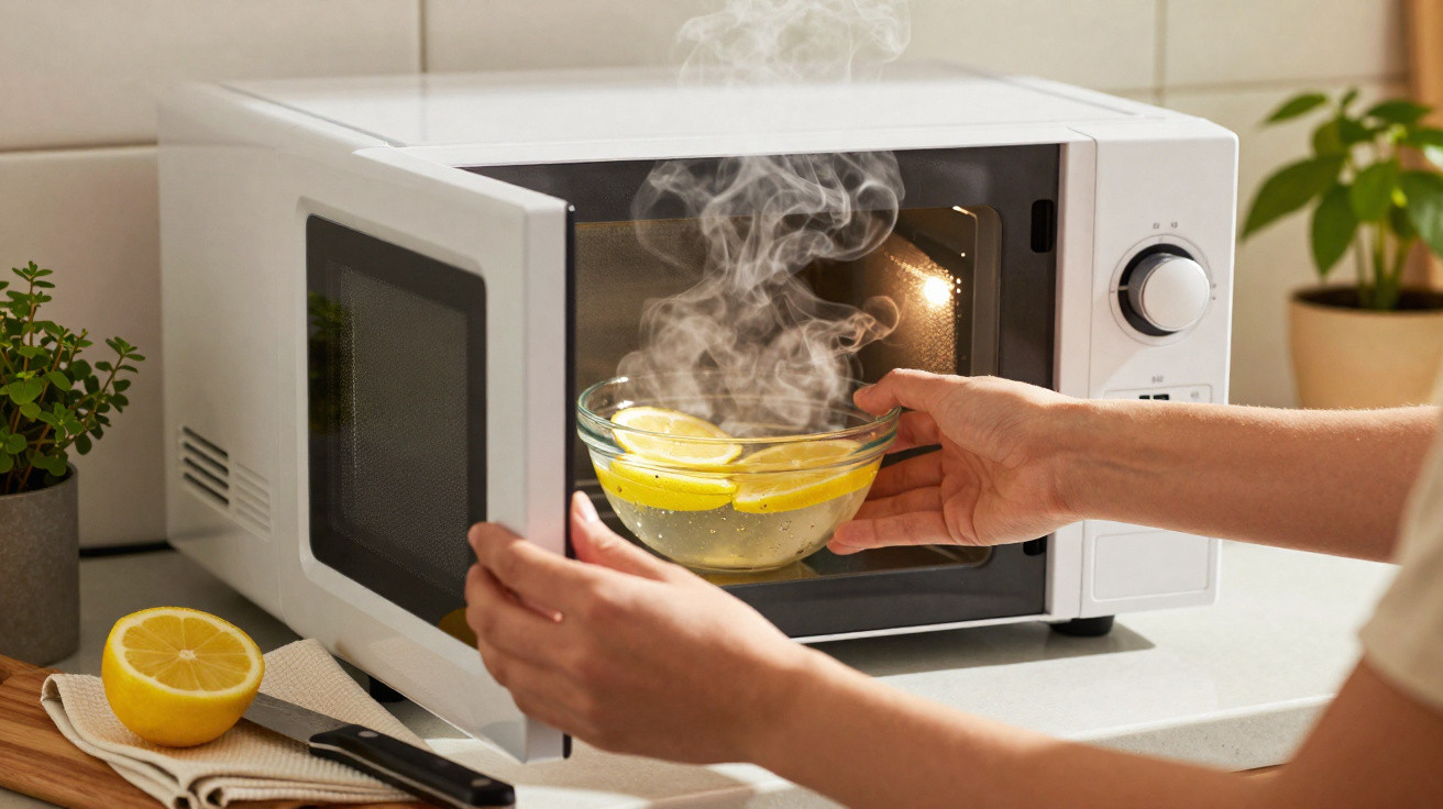 Pessoa retirando tigela com fatias de limão e vapor do micro-ondas branco em cozinha.
