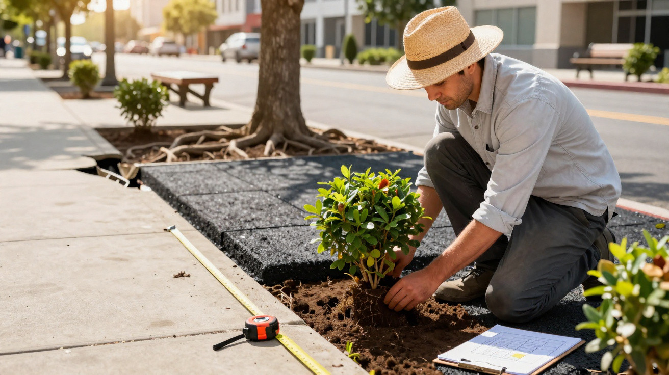 Homem de chapéu plantando arbusto em canteiro urbano na calçada ensolarada da cidade.