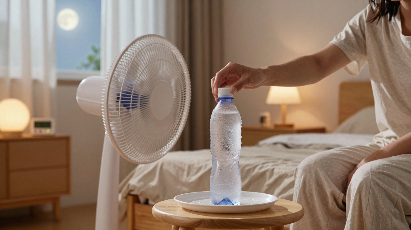 Pessoa colocando garrafa d'água no prato em um quarto com ventilador ligado durante a noite.