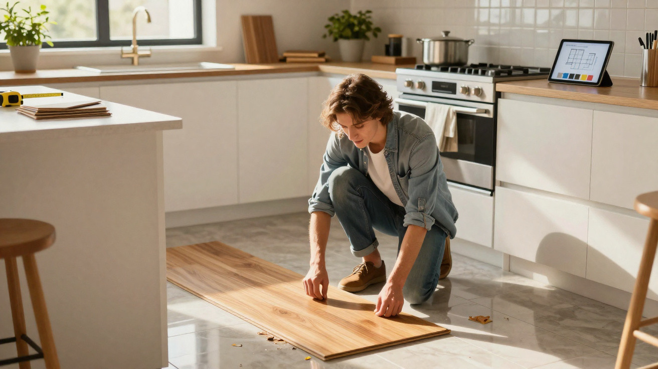 Jovem instala piso de madeira em cozinha moderna com armários brancos e forno embutido.