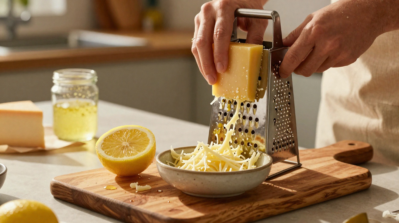 Mãos ralando queijo amarelo em ralador sobre tábua de corte com prato e limão cortado ao meio.