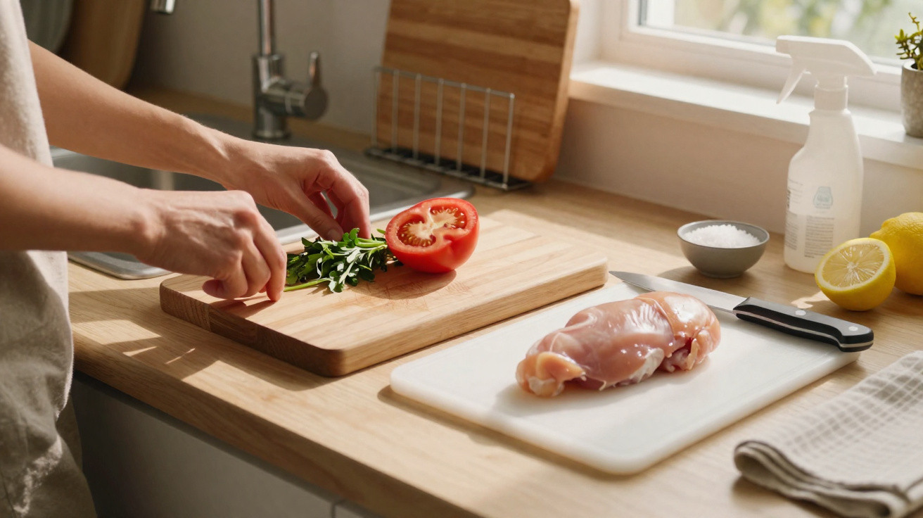 Pessoa cortando ervas frescas em tábua na cozinha, com tomate, frango cru e limões ao lado.