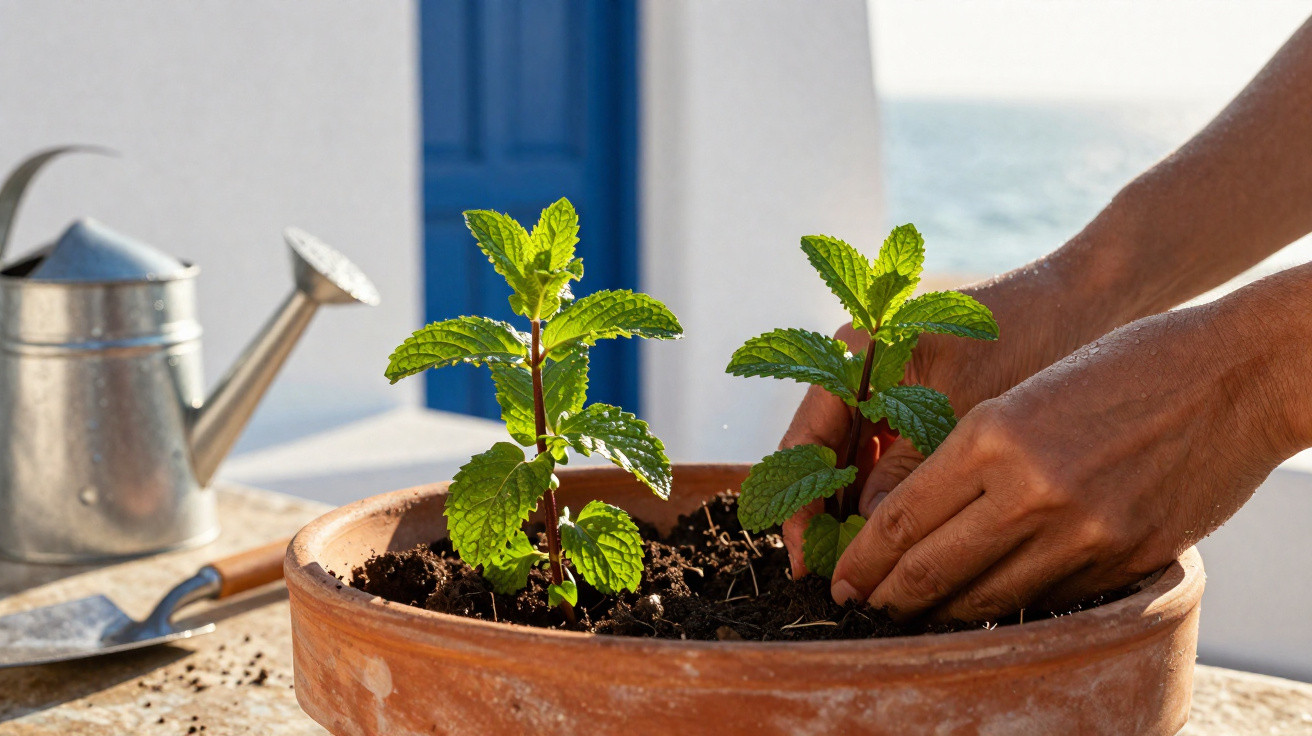 Mãos plantando mudas verdes em vaso de barro com regador e mar ao fundo.