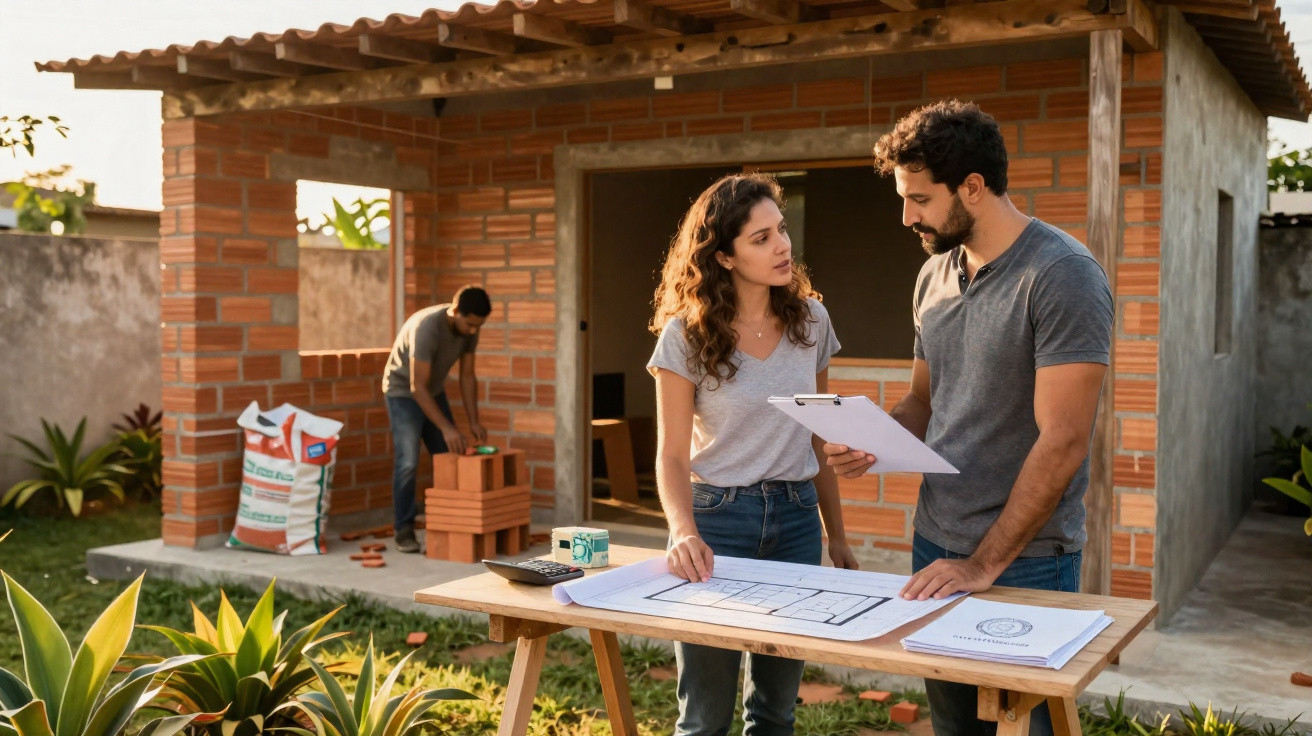 Casal analisando plantas de construção em mesa à frente de obra de casa em andamento.