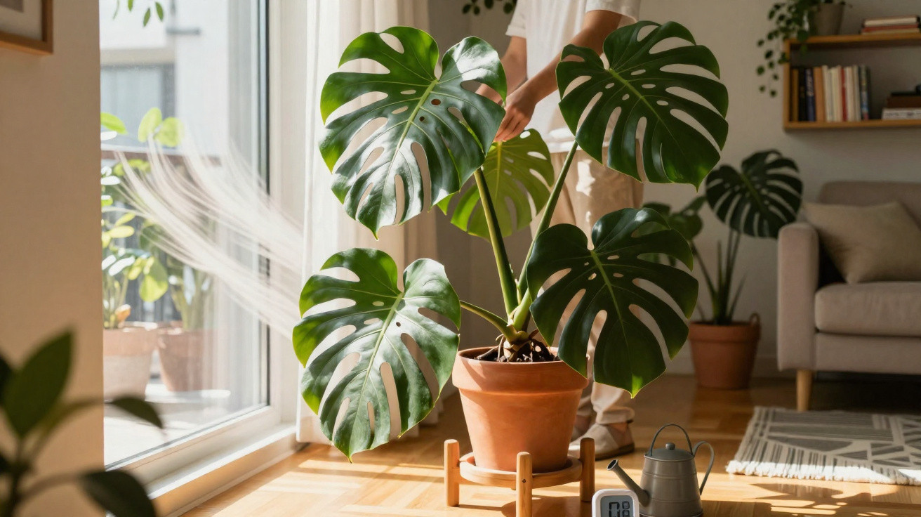 Planta de folhas grandes em vaso dentro de sala iluminada, com pessoa ao fundo ajustando cortina.