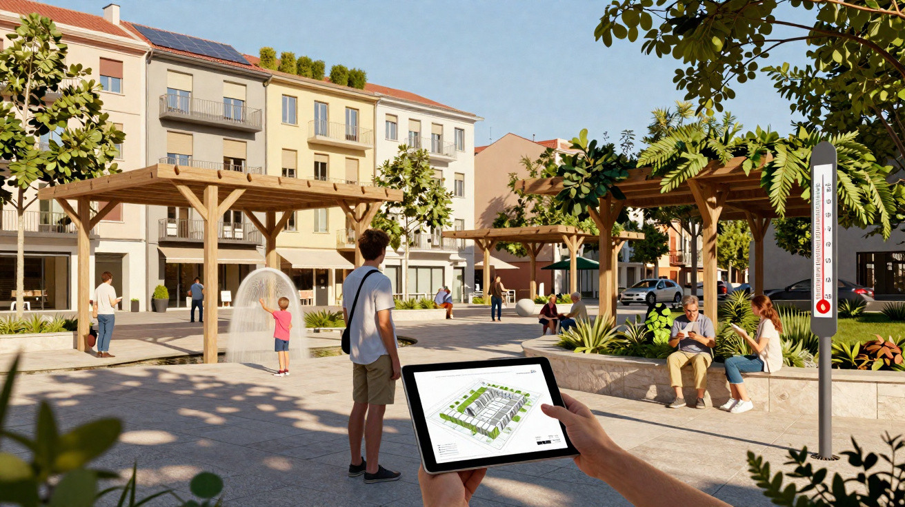 Praça urbana com pessoas, áreas verdes, pergolados de madeira e medidor de temperatura ambiente.