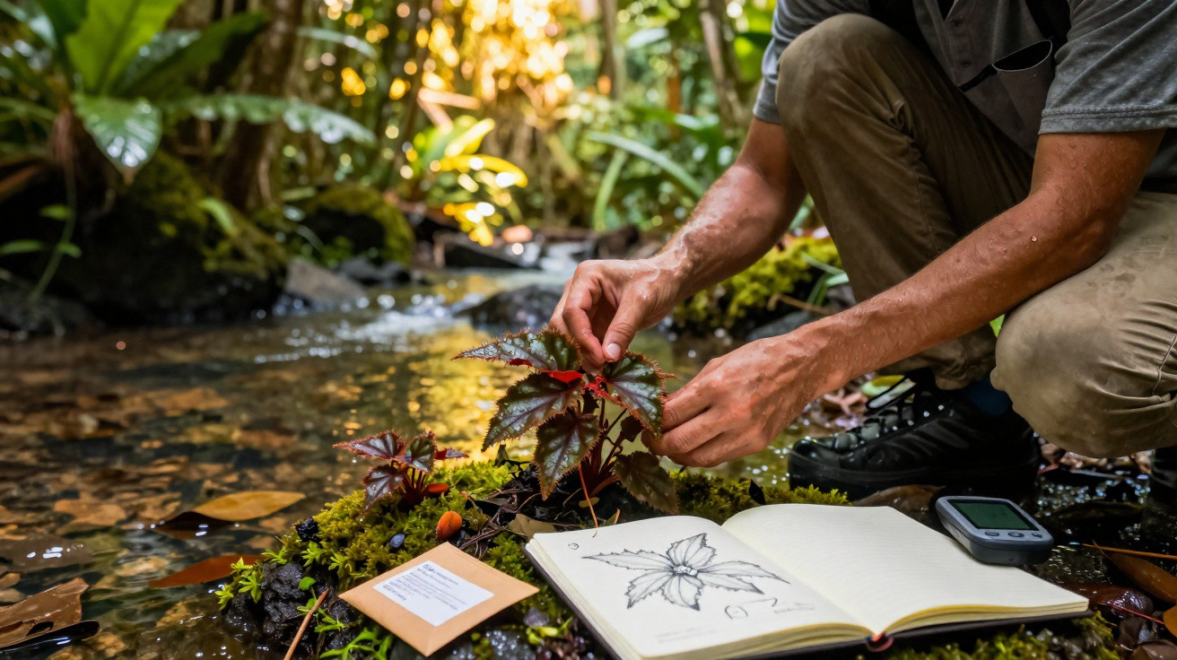 Pessoa manipulando planta vermelha perto de caderno de desenho e rio em ambiente natural.