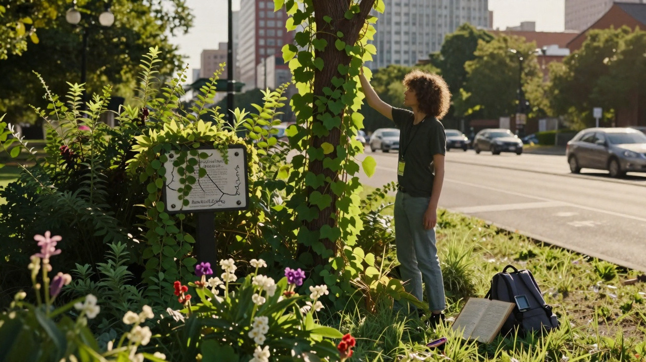 Pessoa jovem tocando folhas de árvore em área verde urbana ao lado de rua movimentada e edifícios.