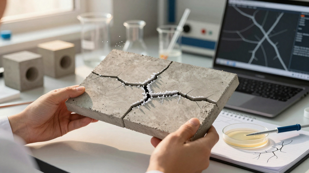 Mãos seguram amostra de concreto rachado com partículas brancas sendo aplicadas para reparo em laboratório.
