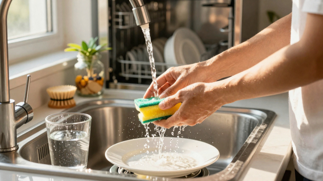 Pessoa lavando prato branco com esponja verde e amarela em pia de cozinha com água corrente.