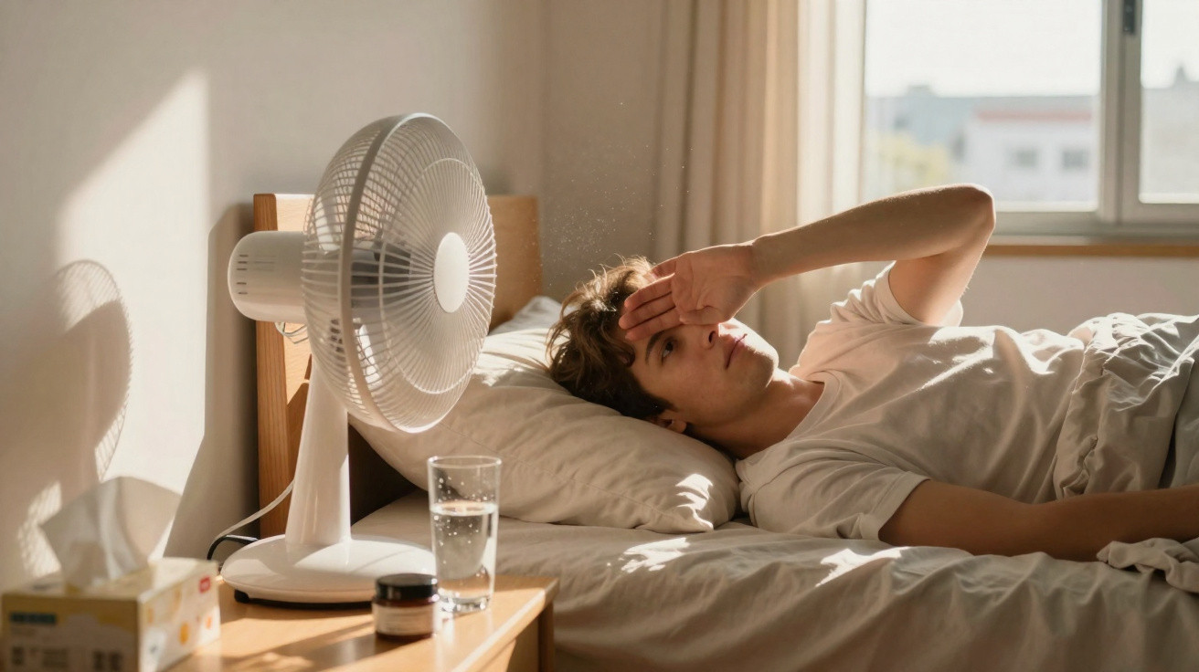 Jovem deitado na cama com expressão de cansaço diante de ventilador ligado em quarto iluminado pelo sol.