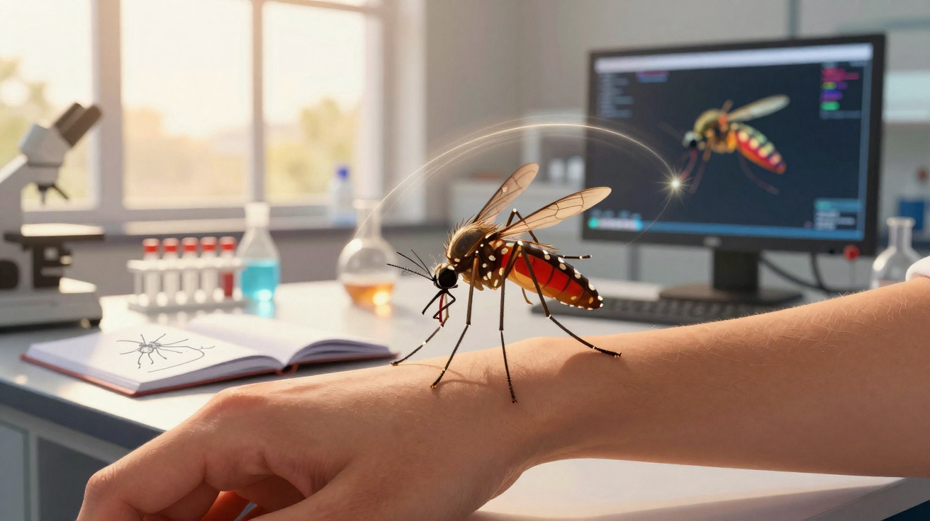 Mosquito vermelho posado no braço de uma pessoa em laboratório com computador e microscópio ao fundo.