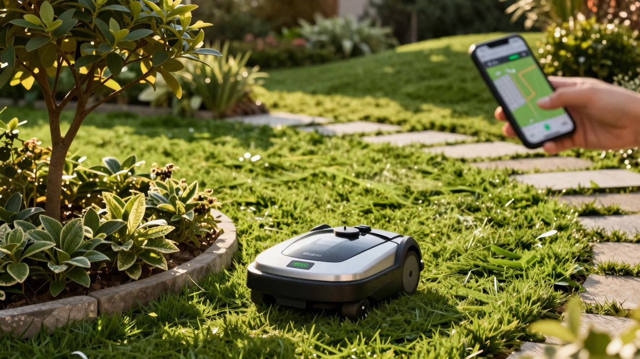 Robô cortador de grama automático funcionando em jardim, com mão segurando celular controlando o aparelho.